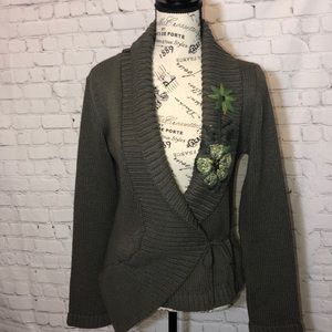 Camaieu Olive Green Cardigan Embroidered Flowers